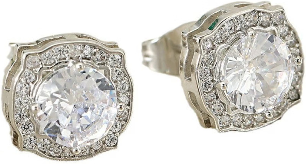 Cubic Zirconia Halo Stud Earrings 18K White Gold Plated Round Square Push Back